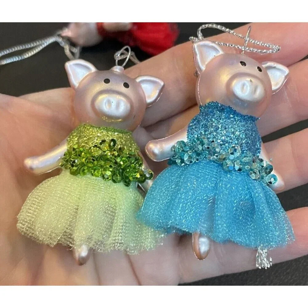 Ballerina 2 Mini Pig Christmas Ornament Green Blue Tutu Glittery Ballet NEW #1